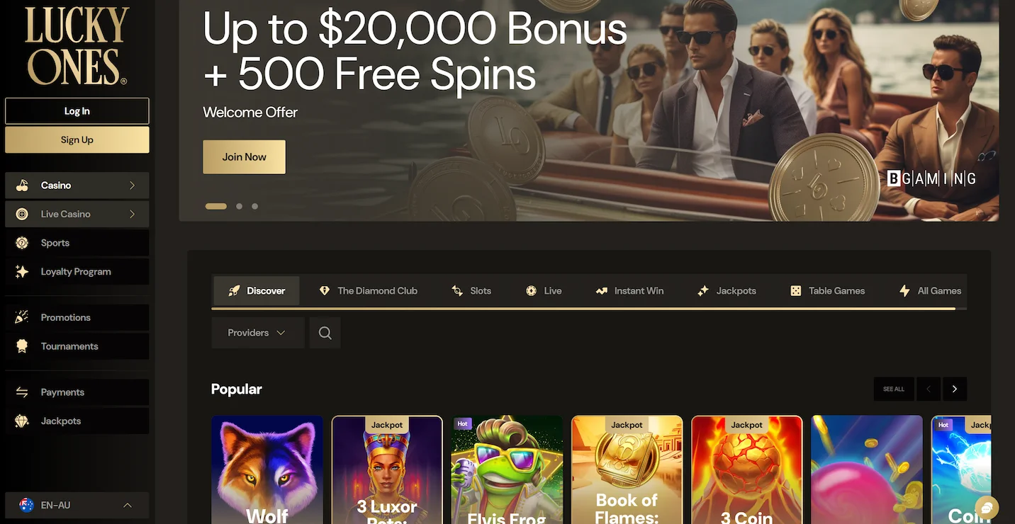 LuckyOnes Casino frontpage showing welcome bonus offer, popular online pokies and site navigation